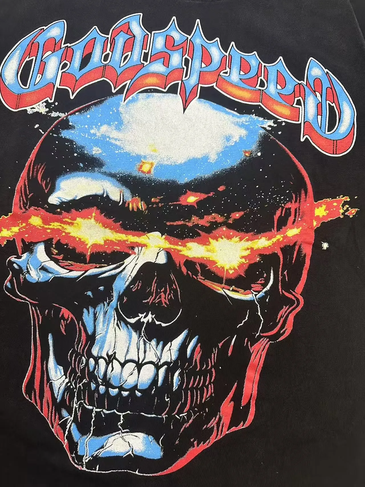 6108# washed black I P116 Godspeed cross-border American rock and roll street washed retro style short-sleeved T (craft printing) fabric (fabric): 32 count combed double yarn 250 grams weight code number (size): S-M-L-XL color (colour): washed black