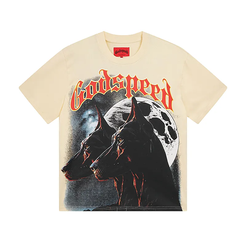 3033# P110 Real shot Godspeed American fashion rock street retro loose printed cotton short sleeves Fabric: 240g 32 count fine cotton double yarn pure cotton Color: apricot Size: S M L XL
