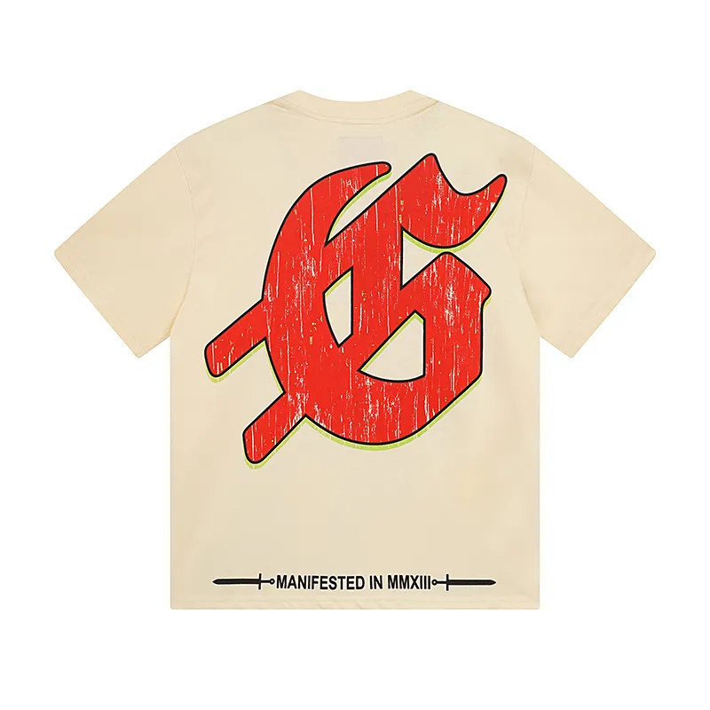 3033# P110 Real shot Godspeed American fashion rock street retro loose printed cotton short sleeves Fabric: 240g 32 count fine cotton double yarn pure cotton Color: apricot Size: S M L XL