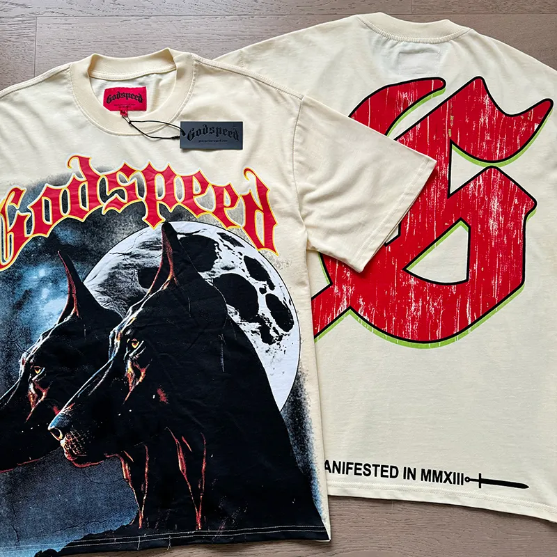 3033# P110 Real shot Godspeed American fashion rock street retro loose printed cotton short sleeves Fabric: 240g 32 count fine cotton double yarn pure cotton Color: apricot Size: S M L XL