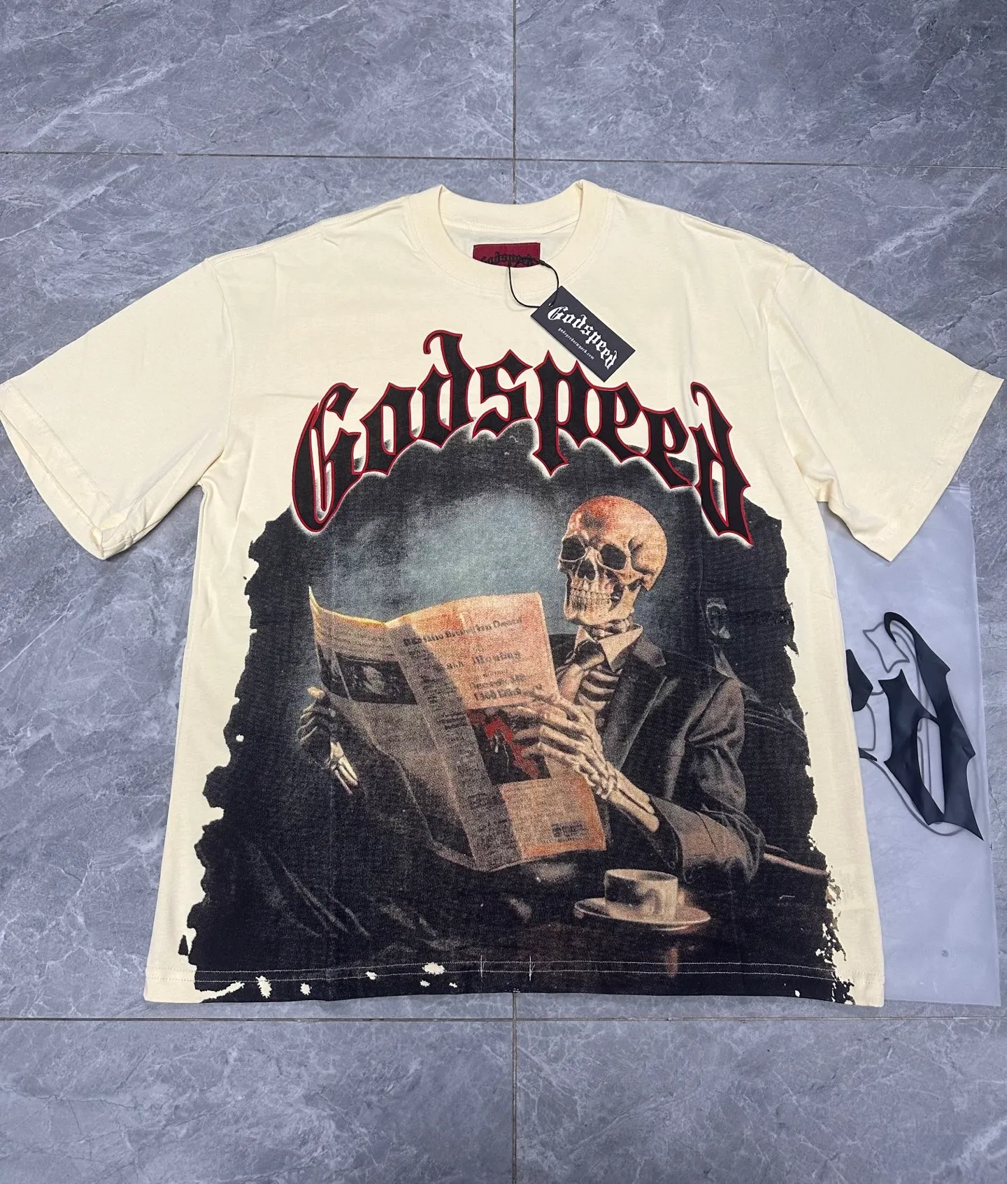 5069# Apricot | P104 Godspeed cross-border American rock and roll street washed retro style short-sleeved T (craft printing) fabric (fabric) 32 counts combed double yarn 240 grams weight code number (size): S-M-L-XL color (colour): apricot