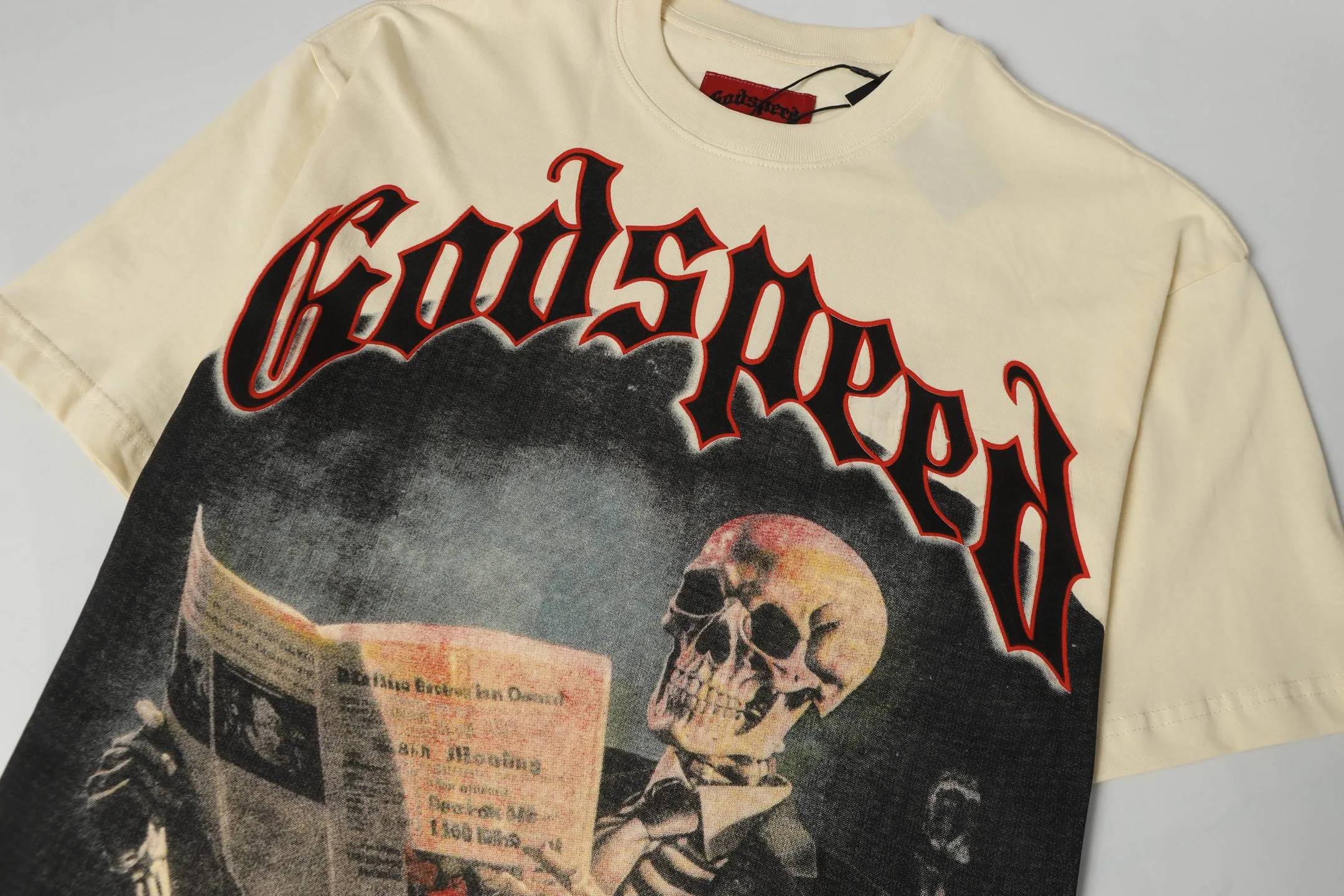 5069# Apricot | P104 Godspeed cross-border American rock and roll street washed retro style short-sleeved T (craft printing) fabric (fabric) 32 counts combed double yarn 240 grams weight code number (size): S-M-L-XL color (colour): apricot