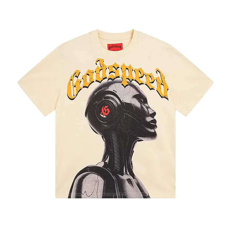 3021# P110 Real shot Godspeed American fashion rock street retro loose printed cotton short sleeves Fabric: 240g 32 count fine cotton double yarn pure cotton Color: off-white apricot Size: S M L XL