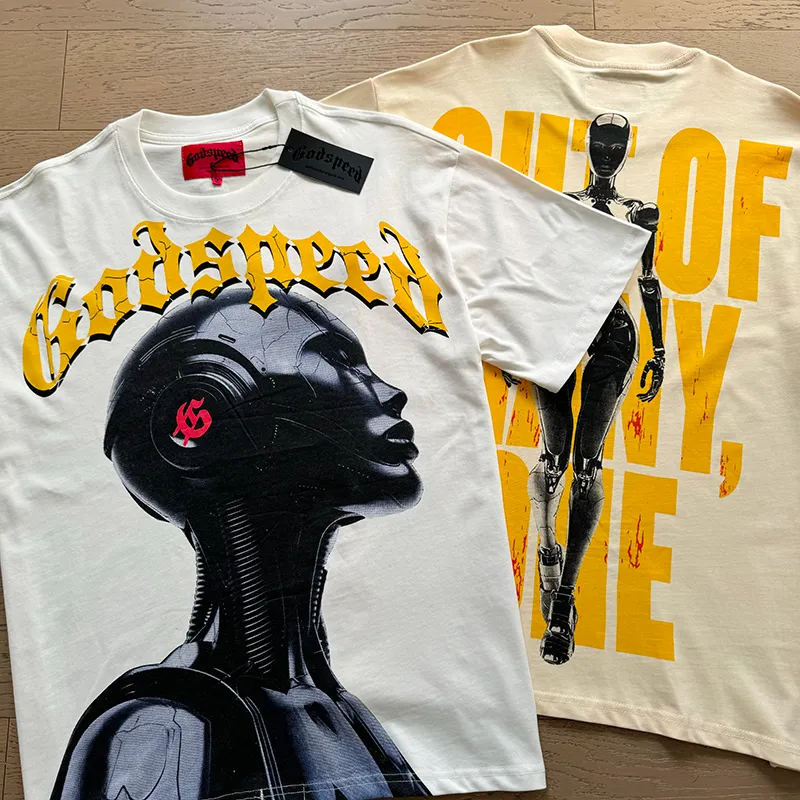 3021# P110 Real shot Godspeed American fashion rock street retro loose printed cotton short sleeves Fabric: 240g 32 count fine cotton double yarn pure cotton Color: off-white apricot Size: S M L XL
