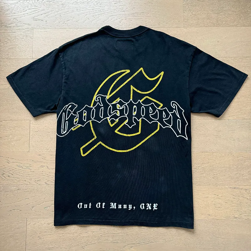 1055# P126 Washed Black Real Shot Godspeed American Fashion Rock Street Retro Washed Distressed Printed Cotton Short Sleeves Fabric: 250g 32 Count Fine Cotton Double Yarn Pure Cotton Color: Washed Black Size: S M L XL