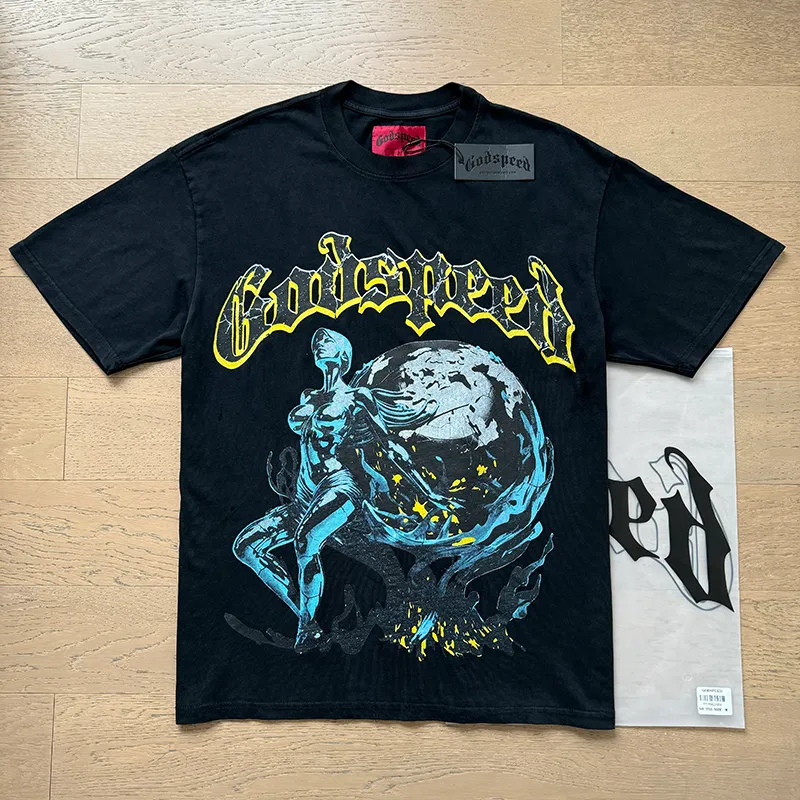 1055# P126 Washed Black Real Shot Godspeed American Fashion Rock Street Retro Washed Distressed Printed Cotton Short Sleeves Fabric: 250g 32 Count Fine Cotton Double Yarn Pure Cotton Color: Washed Black Size: S M L XL