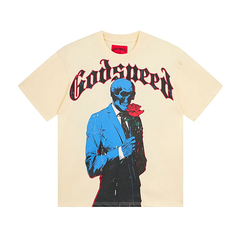 3028# P110 Real shot Godspeed American fashion rock street retro loose printed cotton short sleeves Fabric: 240g 32 count fine cotton double yarn pure cotton Color: apricot Size: S M L XL