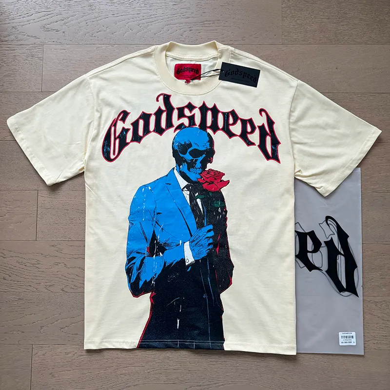 3028# P110 Real shot Godspeed American fashion rock street retro loose printed cotton short sleeves Fabric: 240g 32 count fine cotton double yarn pure cotton Color: apricot Size: S M L XL