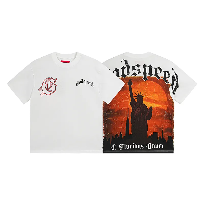 3072# P110 Real shot Godspeed American trendy rock and roll street retro loose printed cotton short sleeves Fabric: 240g 32 count fine cotton double yarn pure cotton Color: off-white Size: S M L XL