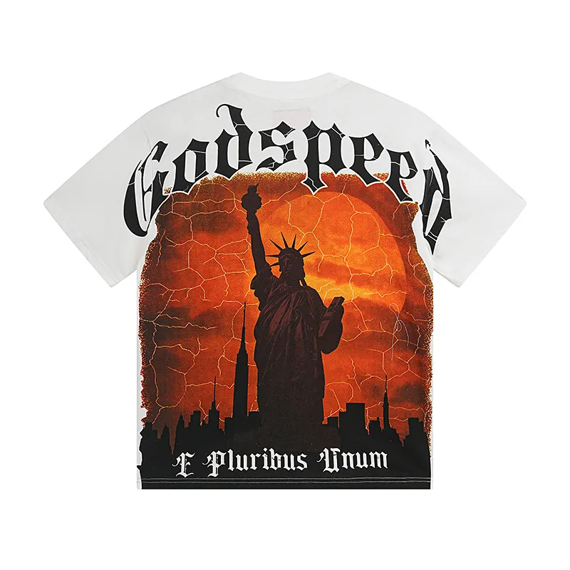3072# P110 Real shot Godspeed American trendy rock and roll street retro loose printed cotton short sleeves Fabric: 240g 32 count fine cotton double yarn pure cotton Color: off-white Size: S M L XL