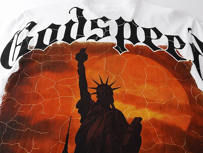 3072# P110 Real shot Godspeed American trendy rock and roll street retro loose printed cotton short sleeves Fabric: 240g 32 count fine cotton double yarn pure cotton Color: off-white Size: S M L XL