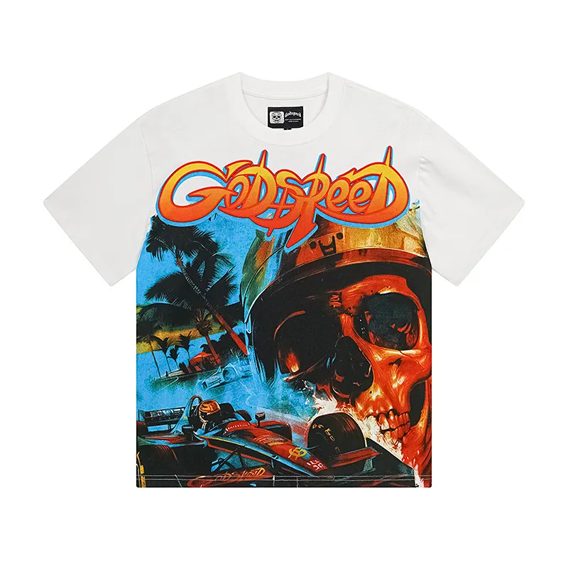 3121# P106 Real shot Godspeed American fashion rock street retro loose printed cotton short sleeves Fabric: 240g 32 count fine cotton double yarn pure cotton Color: off-white Size: S M L XL