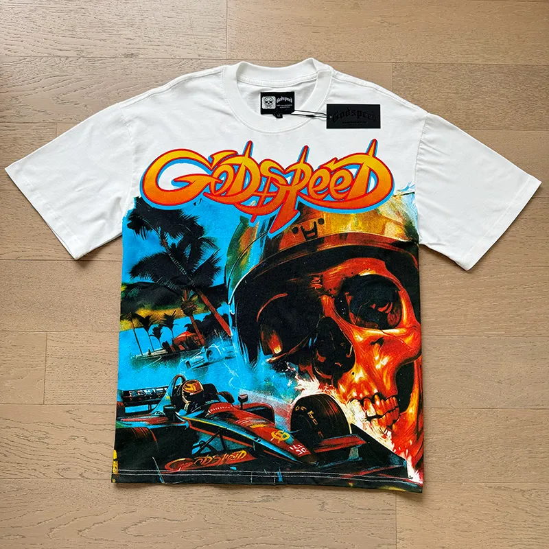 3121# P106 Real shot Godspeed American fashion rock street retro loose printed cotton short sleeves Fabric: 240g 32 count fine cotton double yarn pure cotton Color: off-white Size: S M L XL