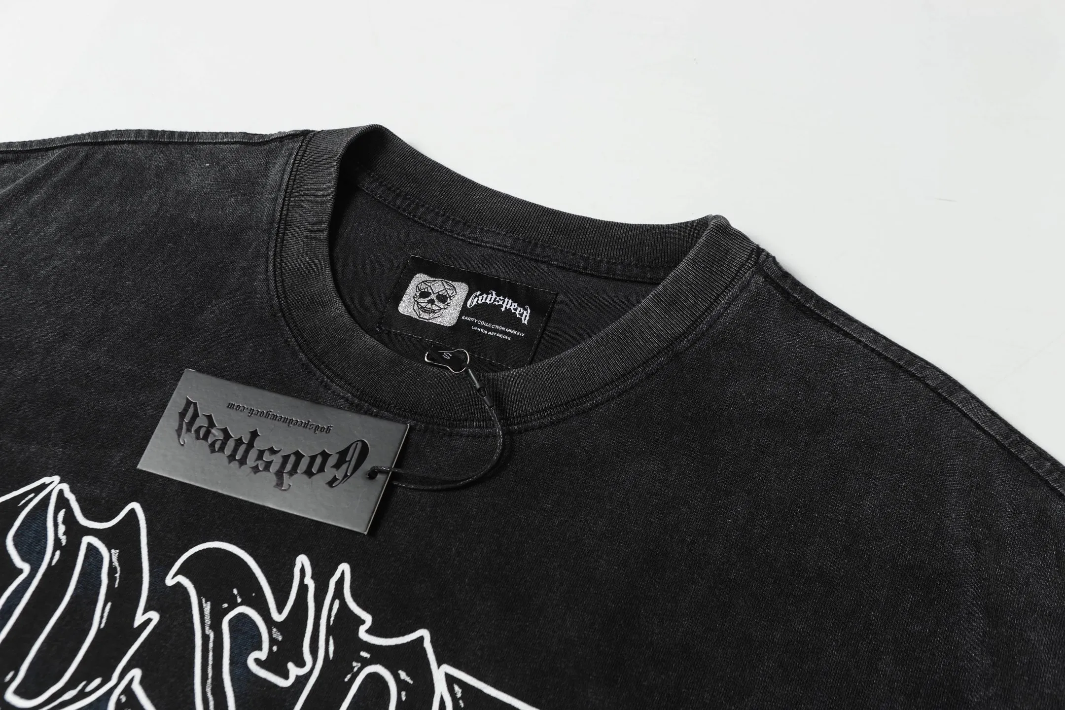 6067# washed black | P116 Godspeed cross-border American rock and roll street washed retro style short-sleeved T (craft printing) fabric (fabric): 32 count combed double yarn 250 grams weight code number (size): S-M-L-XL color (colour): washed black