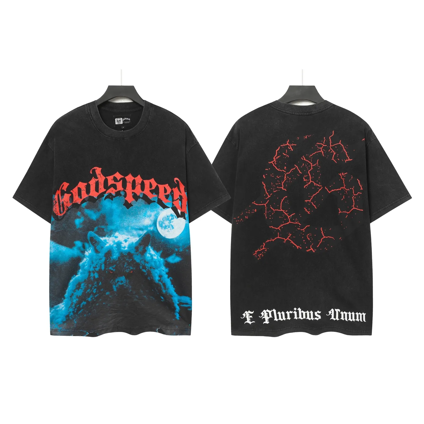 6073#washed black｜P116 Godspeed cross-border American rock and roll street washed retro style short-sleeved T (craft printing) fabric (fabric): 32 count combed double yarn 250g weight code number (size): S-M-L-XL color (colour): washed black 👉