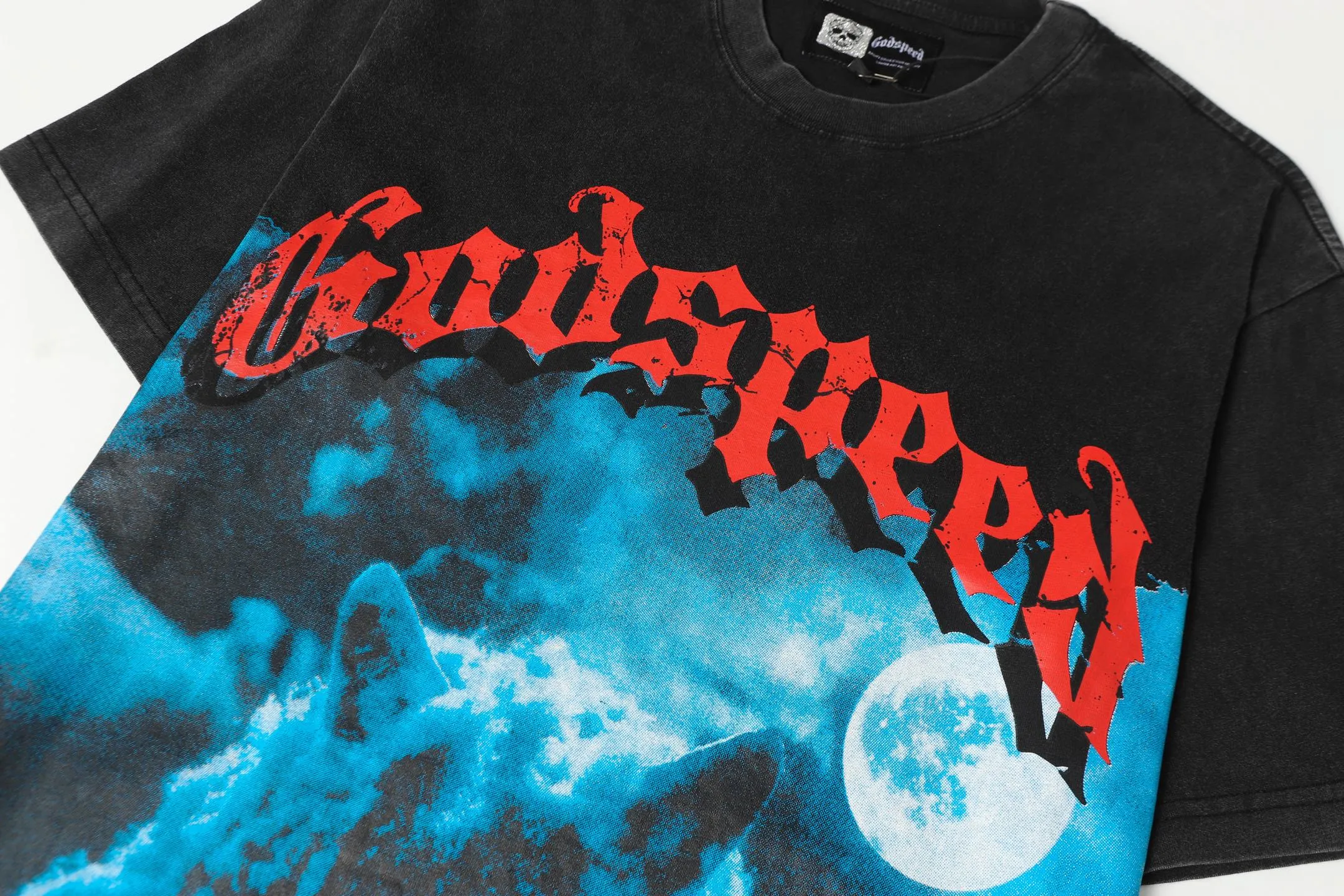 6073#washed black｜P116 Godspeed cross-border American rock and roll street washed retro style short-sleeved T (craft printing) fabric (fabric): 32 count combed double yarn 250g weight code number (size): S-M-L-XL color (colour): washed black 👉