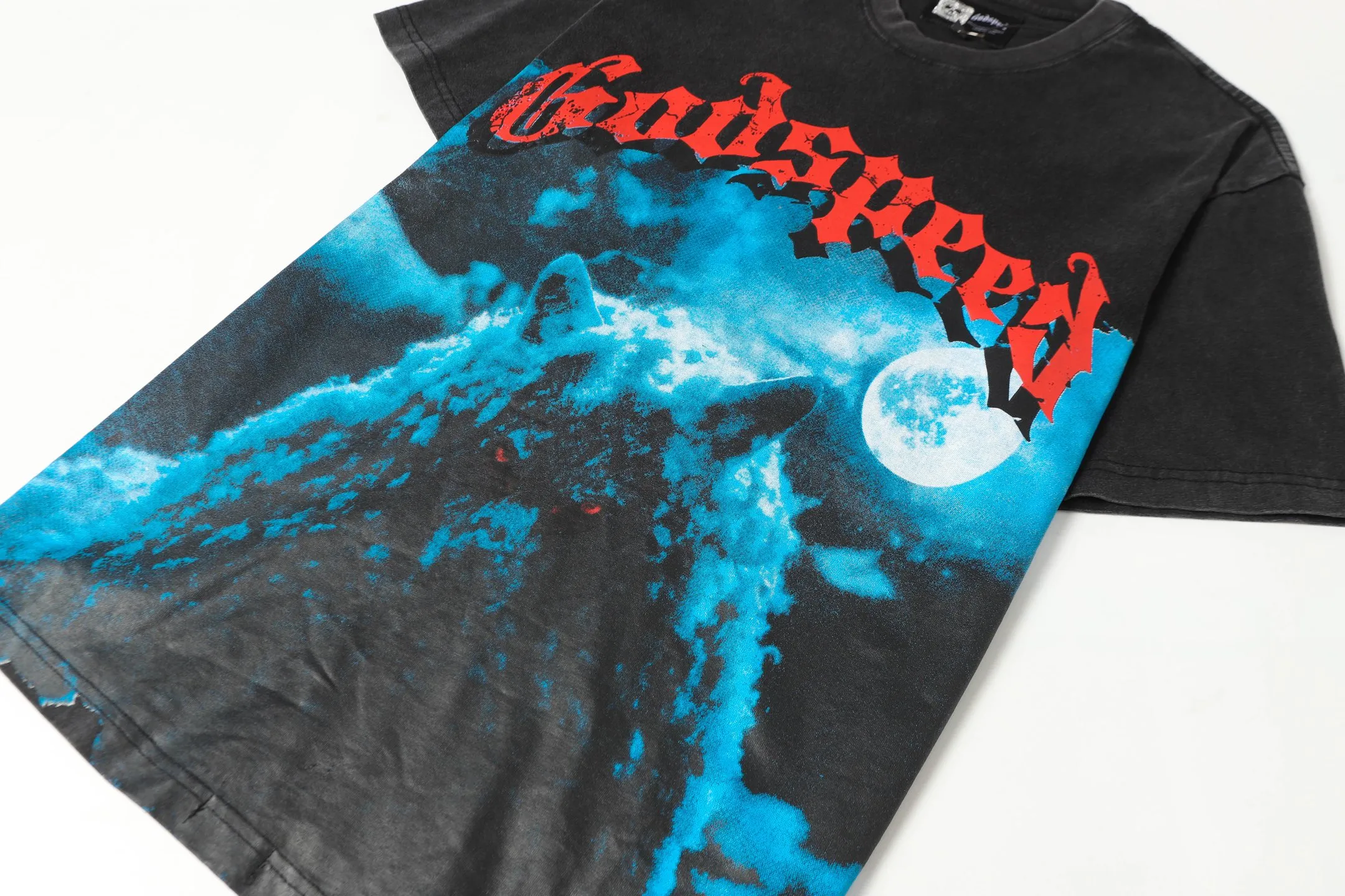 6073#washed black｜P116 Godspeed cross-border American rock and roll street washed retro style short-sleeved T (craft printing) fabric (fabric): 32 count combed double yarn 250g weight code number (size): S-M-L-XL color (colour): washed black 👉