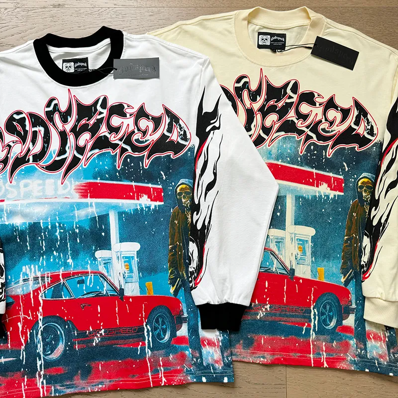 3101# P140 Real shot of Godspeed American fashion rock street pure cotton loose bottoming long-sleeved T-shirt long T-shirt Fabric: 270g 32-count fine cotton double yarn pure cotton Color: off-white Size: S M L XL