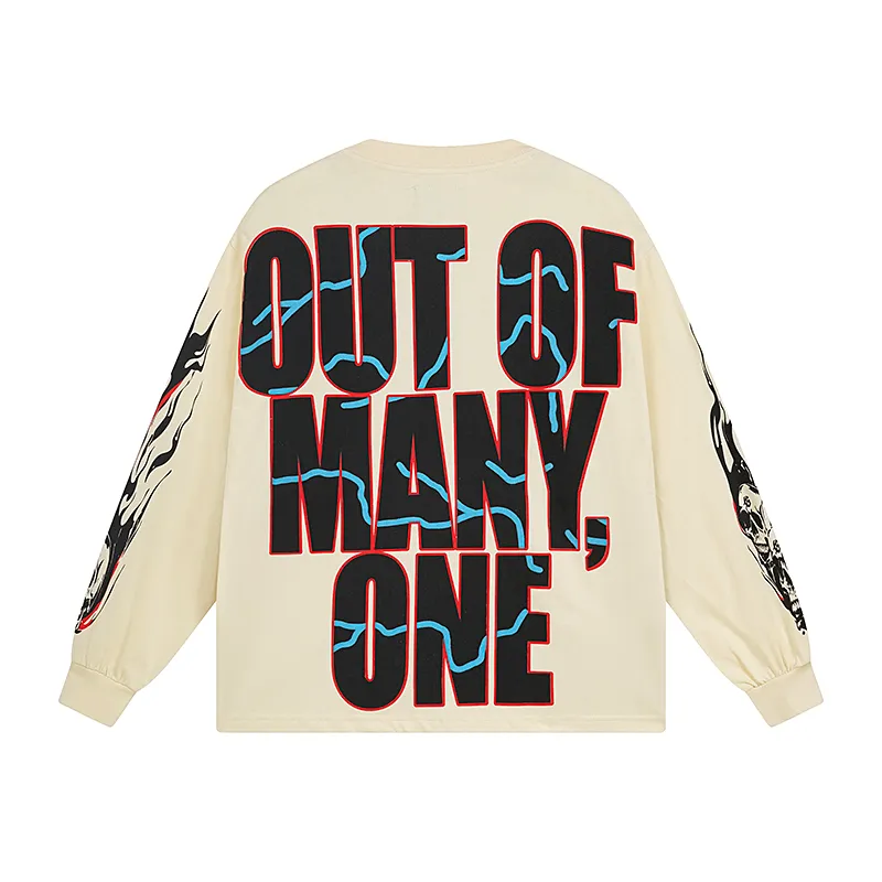 3101# P140 Real shot of Godspeed American fashion rock street pure cotton loose bottoming long-sleeved T-shirt long T-shirt Fabric: 270g 32-count fine cotton double yarn pure cotton Color: off-white Size: S M L XL