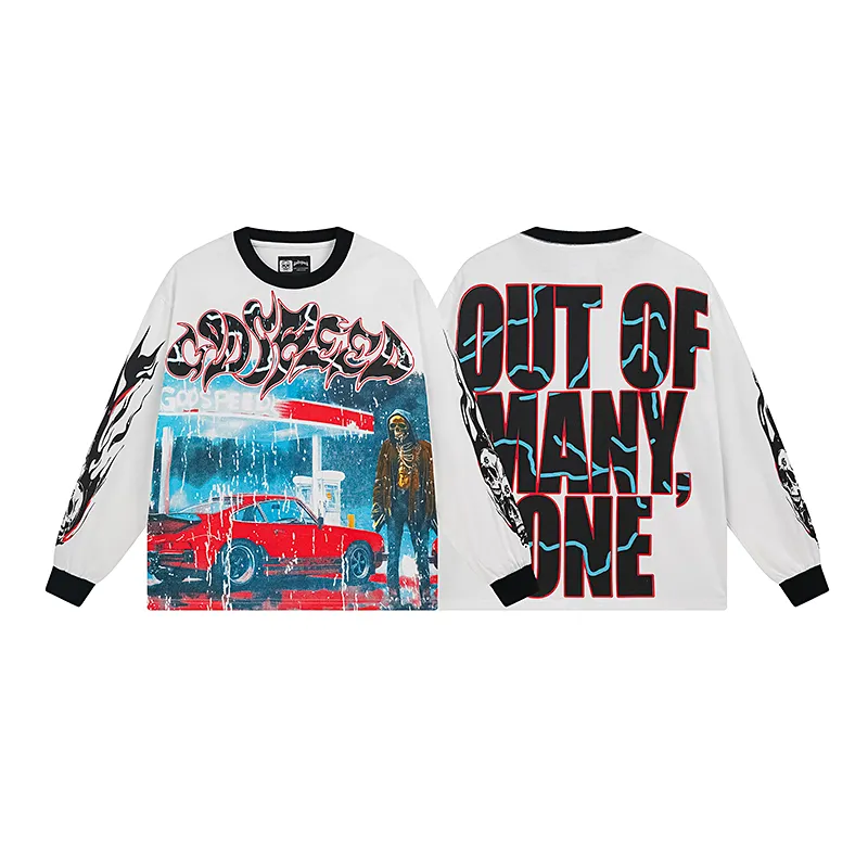 3101# P140 Real shot of Godspeed American fashion rock street pure cotton loose bottoming long-sleeved T-shirt long T-shirt Fabric: 270g 32-count fine cotton double yarn pure cotton Color: off-white Size: S M L XL