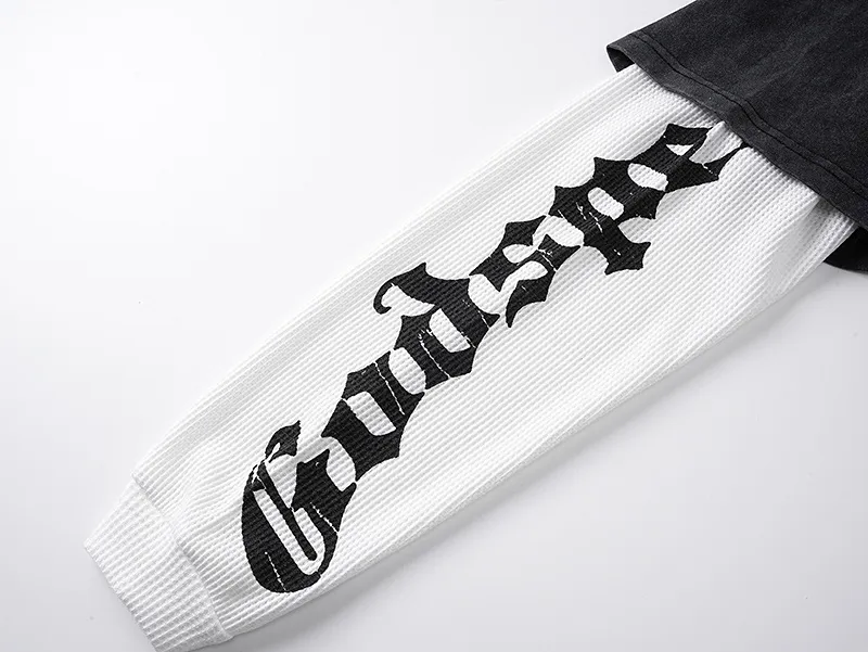 1153# P170 Real shot of Godspeed American fashion street retro washed and distressed fake two-piece pure cotton long T. Fabric: 270g 32 count fine cotton double yarn pure cotton Color: washed black washed blue code number: S M L XL