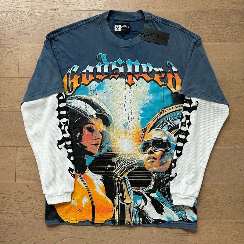 1153# P170 Real shot of Godspeed American fashion street retro washed and distressed fake two-piece pure cotton long T. Fabric: 270g 32 count fine cotton double yarn pure cotton Color: washed black washed blue code number: S M L XL