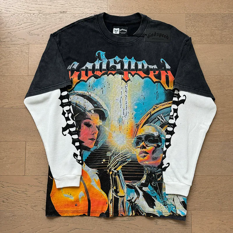 1153# P170 Real shot of Godspeed American fashion street retro washed and distressed fake two-piece pure cotton long T. Fabric: 270g 32 count fine cotton double yarn pure cotton Color: washed black washed blue code number: S M L XL