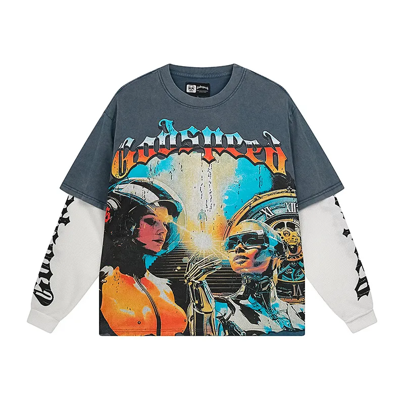1153# P170 Real shot of Godspeed American fashion street retro washed and distressed fake two-piece pure cotton long T. Fabric: 270g 32 count fine cotton double yarn pure cotton Color: washed black washed blue code number: S M L XL