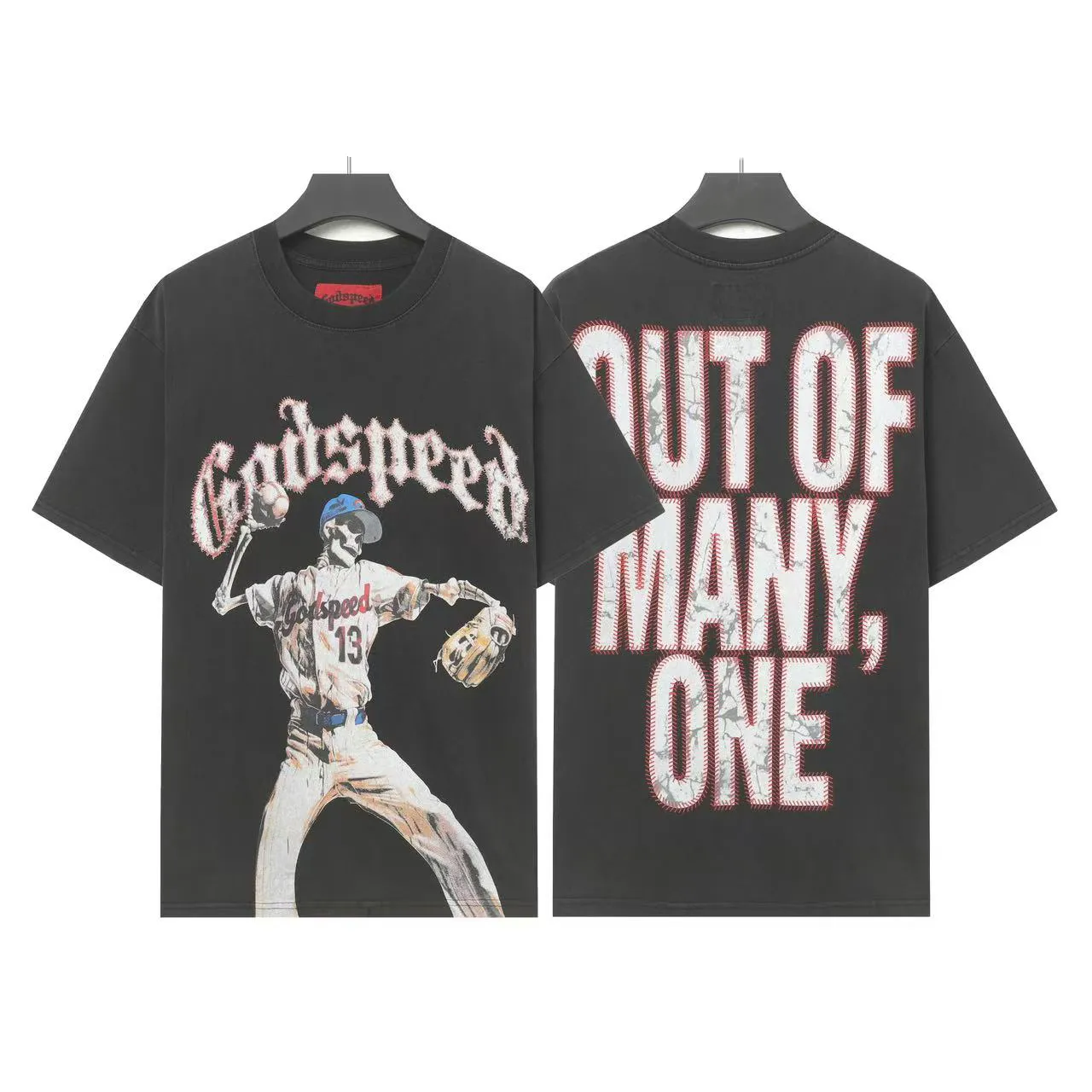 6013#washed black｜P116 Godspeed cross-border American rock and roll street washed retro style short-sleeved T (craft printing) fabric (fabric): 32 count combed double yarn 250g weight size (size): S-M-L-XL color (colour): washed black 👉
