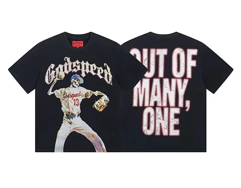 6013#washed black｜P116 Godspeed cross-border American rock and roll street washed retro style short-sleeved T (craft printing) fabric (fabric): 32 count combed double yarn 250g weight size (size): S-M-L-XL color (colour): washed black 👉