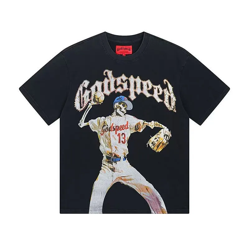 6013#washed black｜P116 Godspeed cross-border American rock and roll street washed retro style short-sleeved T (craft printing) fabric (fabric): 32 count combed double yarn 250g weight size (size): S-M-L-XL color (colour): washed black 👉