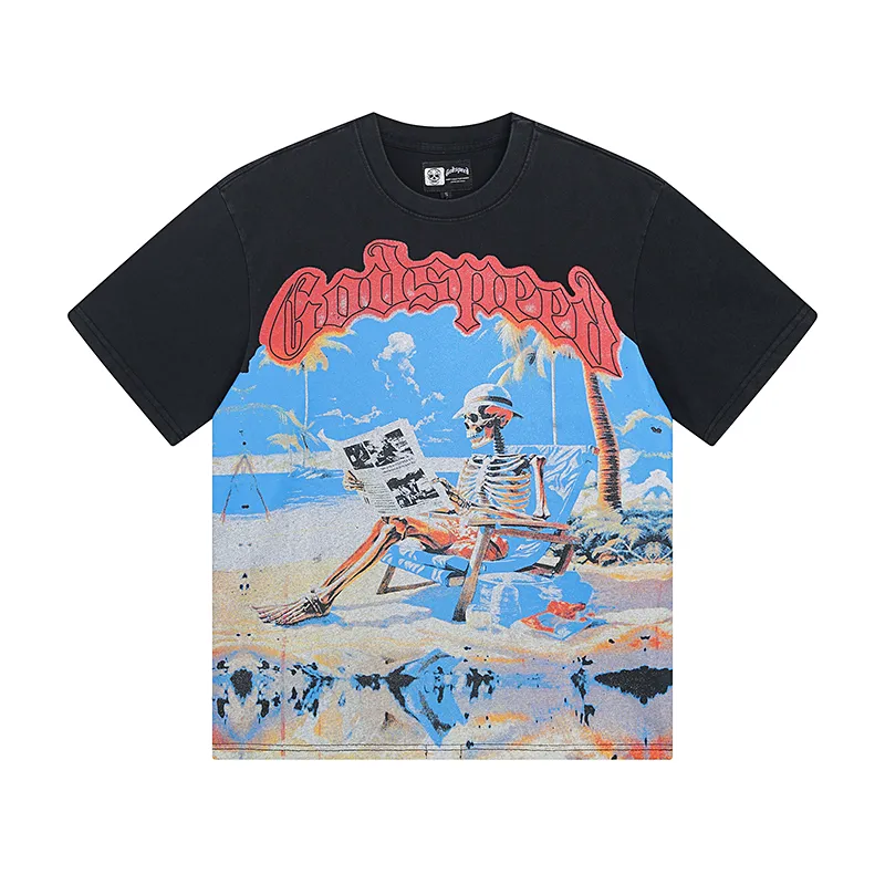 1022# P126 Washed Black Real Shot Godspeed American Fashion Rock Street Retro Washed Distressed Printed Cotton Short Sleeves Fabric: 250g 32 Count Fine Cotton Double Yarn Pure Cotton Color: Washed Black Size: S M L XL