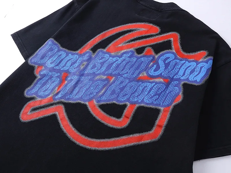 1022# P126 Washed Black Real Shot Godspeed American Fashion Rock Street Retro Washed Distressed Printed Cotton Short Sleeves Fabric: 250g 32 Count Fine Cotton Double Yarn Pure Cotton Color: Washed Black Size: S M L XL