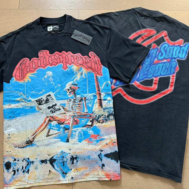 1022# P126 Washed Black Real Shot Godspeed American Fashion Rock Street Retro Washed Distressed Printed Cotton Short Sleeves Fabric: 250g 32 Count Fine Cotton Double Yarn Pure Cotton Color: Washed Black Size: S M L XL