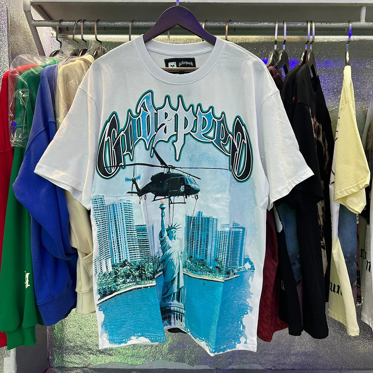 Actual photo, No. 7076, Mechao Godspeed Helicopter Statue of Liberty print high quality double yarn pure cotton casual short-sleeved T-shirt batch 110 Color: black, white, lake green; Size: SM L XL