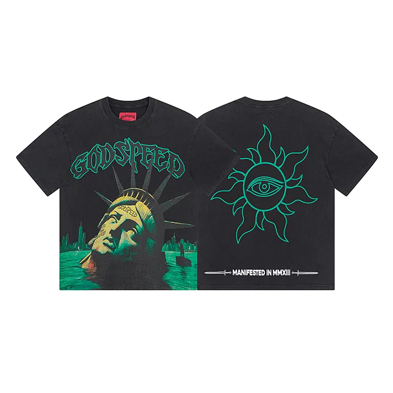 1069# P126 Washed Black Real Shot Godspeed American Fashion Rock Street Retro Washed Distressed Printed Pure Cotton Short Sleeves Fabric: 250g 32 Count Fine Cotton Double Yarn Pure Cotton Color: Washed Black Size: S M L XL