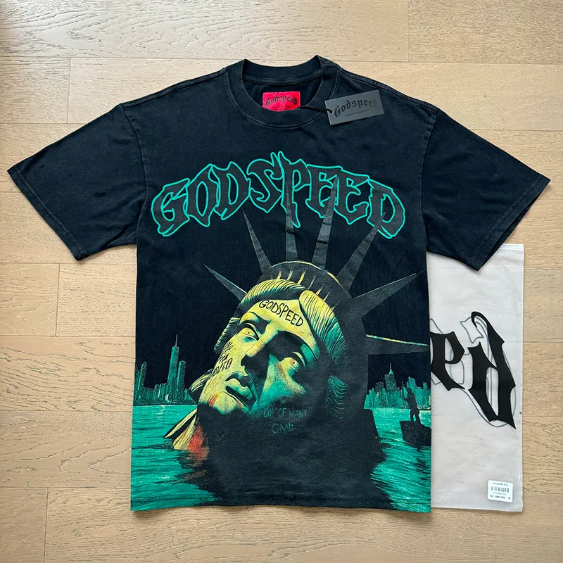 1069# P126 Washed Black Real Shot Godspeed American Fashion Rock Street Retro Washed Distressed Printed Pure Cotton Short Sleeves Fabric: 250g 32 Count Fine Cotton Double Yarn Pure Cotton Color: Washed Black Size: S M L XL