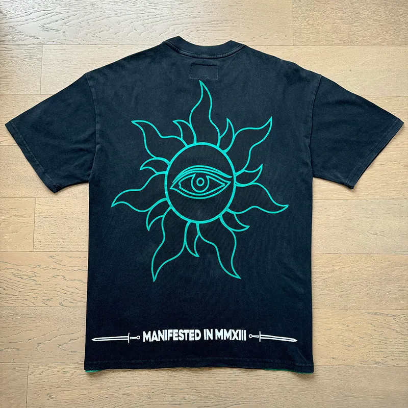 1069# P126 Washed Black Real Shot Godspeed American Fashion Rock Street Retro Washed Distressed Printed Pure Cotton Short Sleeves Fabric: 250g 32 Count Fine Cotton Double Yarn Pure Cotton Color: Washed Black Size: S M L XL