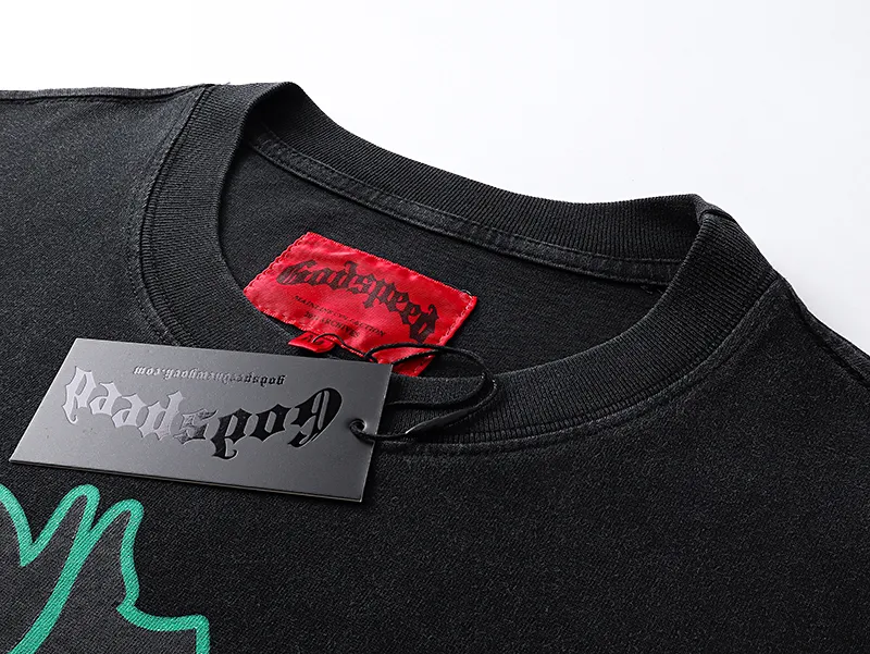 1069# P126 Washed Black Real Shot Godspeed American Fashion Rock Street Retro Washed Distressed Printed Pure Cotton Short Sleeves Fabric: 250g 32 Count Fine Cotton Double Yarn Pure Cotton Color: Washed Black Size: S M L XL