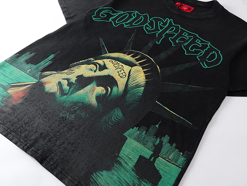 1069# P126 Washed Black Real Shot Godspeed American Fashion Rock Street Retro Washed Distressed Printed Pure Cotton Short Sleeves Fabric: 250g 32 Count Fine Cotton Double Yarn Pure Cotton Color: Washed Black Size: S M L XL