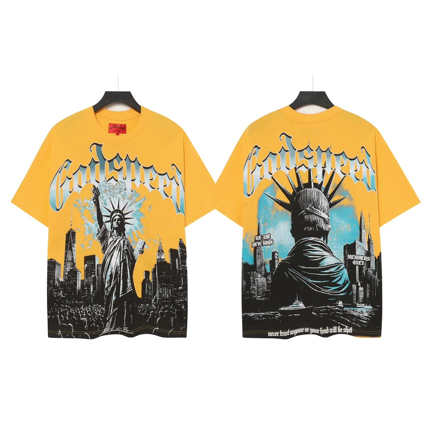 5099#golden｜P106 Godspeed cross-border American rock and roll street washed retro style short-sleeved T (craft printing) fabric (fabric): 32-count combed double yarn 240 grams weight code number (size): S-M-L-XL color (colour): golden yellow