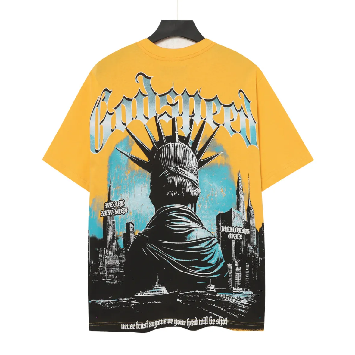 5099#golden｜P106 Godspeed cross-border American rock and roll street washed retro style short-sleeved T (craft printing) fabric (fabric): 32-count combed double yarn 240 grams weight code number (size): S-M-L-XL color (colour): golden yellow