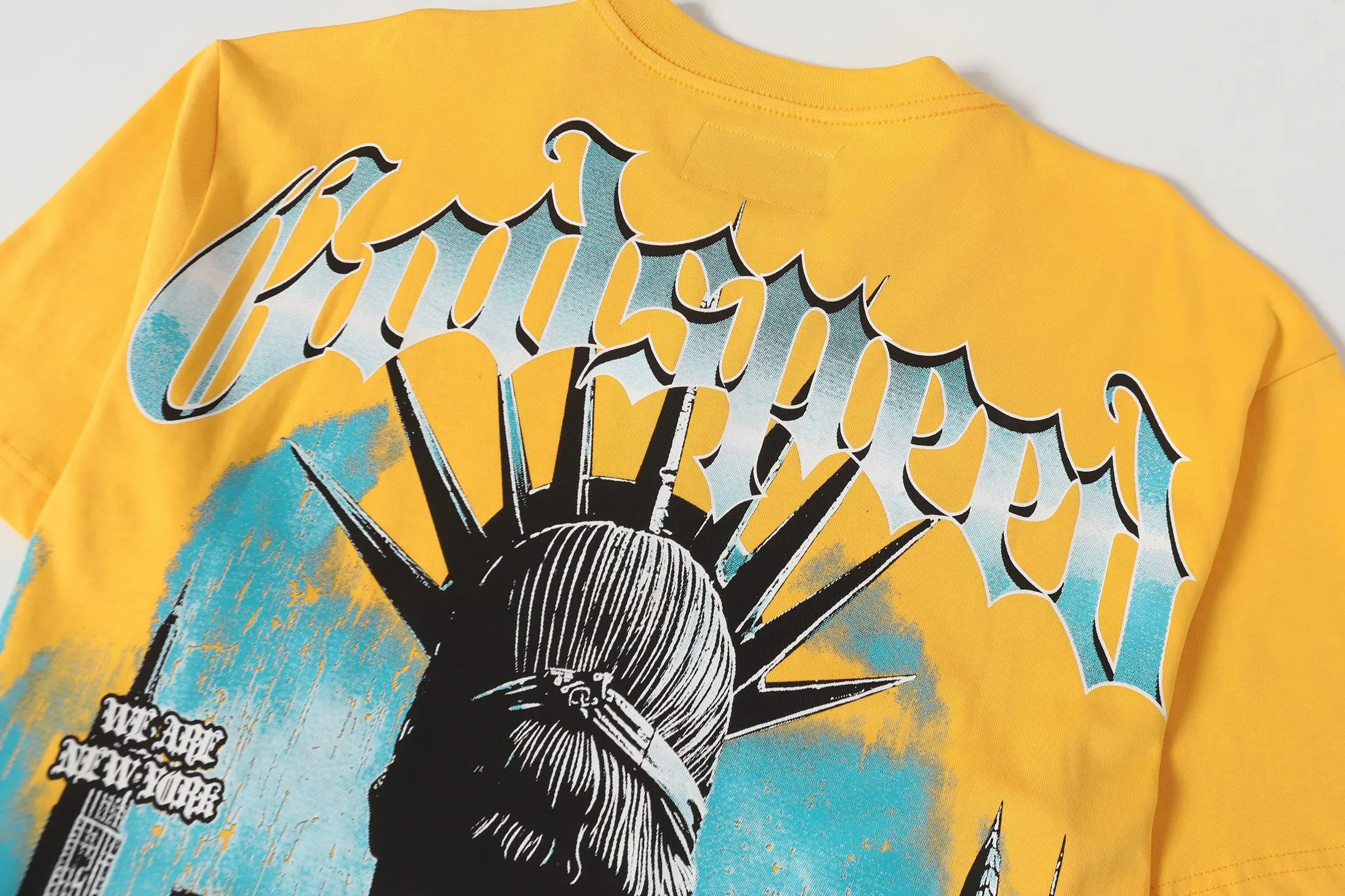 5099#golden｜P106 Godspeed cross-border American rock and roll street washed retro style short-sleeved T (craft printing) fabric (fabric): 32-count combed double yarn 240 grams weight code number (size): S-M-L-XL color (colour): golden yellow