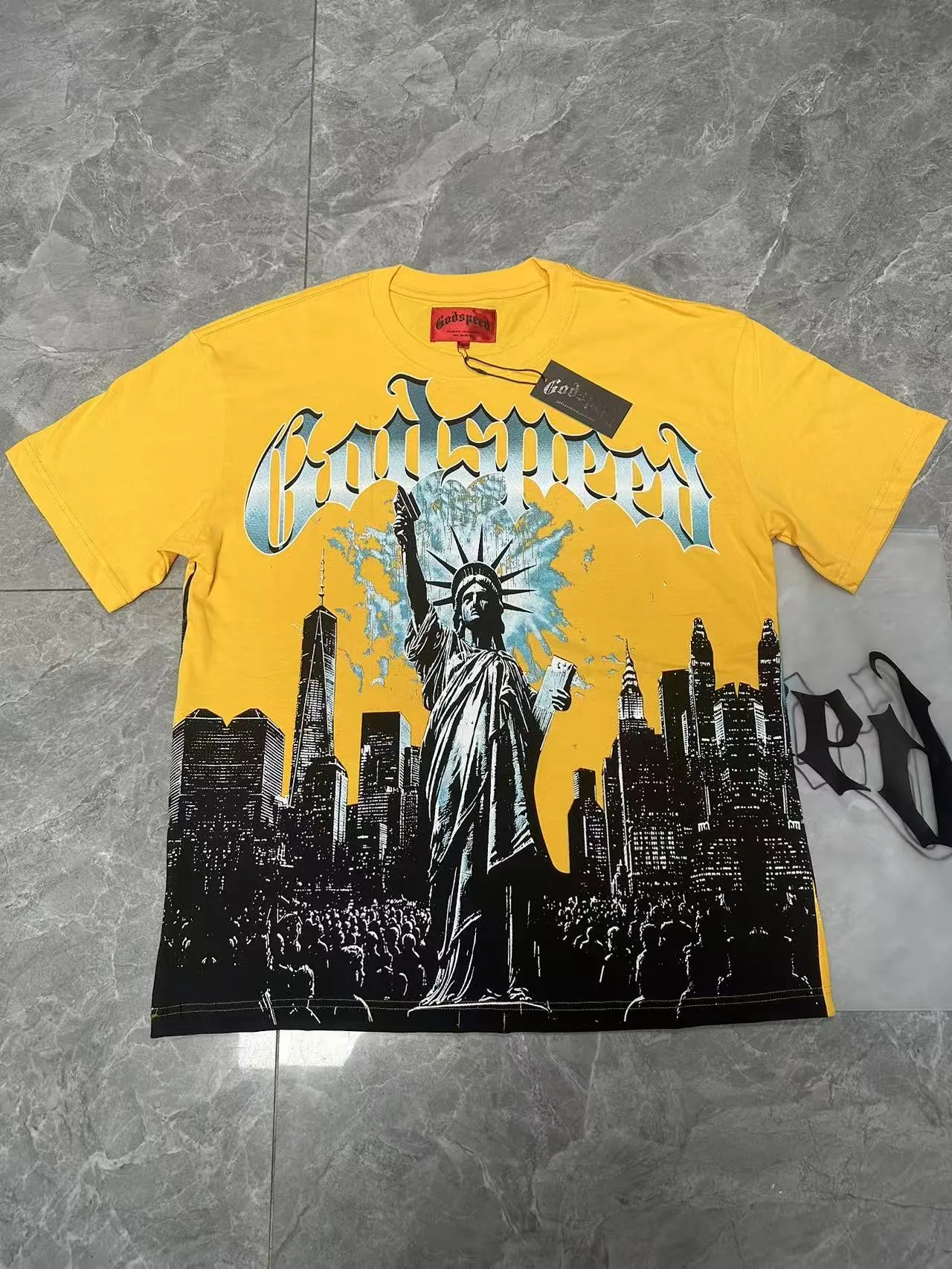5099#golden｜P106 Godspeed cross-border American rock and roll street washed retro style short-sleeved T (craft printing) fabric (fabric): 32-count combed double yarn 240 grams weight code number (size): S-M-L-XL color (colour): golden yellow