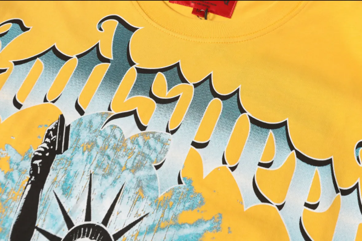 5099#golden｜P106 Godspeed cross-border American rock and roll street washed retro style short-sleeved T (craft printing) fabric (fabric): 32-count combed double yarn 240 grams weight code number (size): S-M-L-XL color (colour): golden yellow