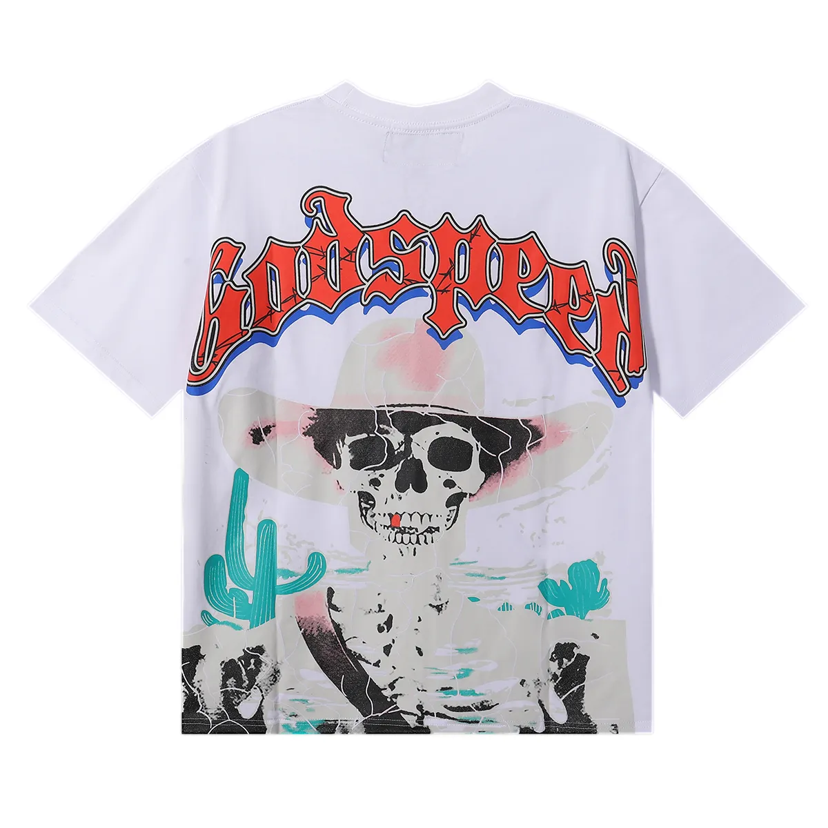 No. 7023, Mechao Godspeed Western skull denim cactus print high quality double yarn pure cotton casual short-sleeved T-shirt batch 110 Color: black, white, purple; Size: S M L XL