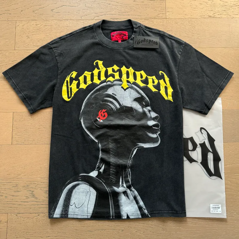 1021# P126 Washed Black Real Shot Godspeed American Fashion Rock Street Retro Washed Distressed Printed Pure Cotton Short Sleeves Fabric: 250g 32 Count Fine Cotton Double Yarn Pure Cotton Color: Washed Black Size: S M L XL