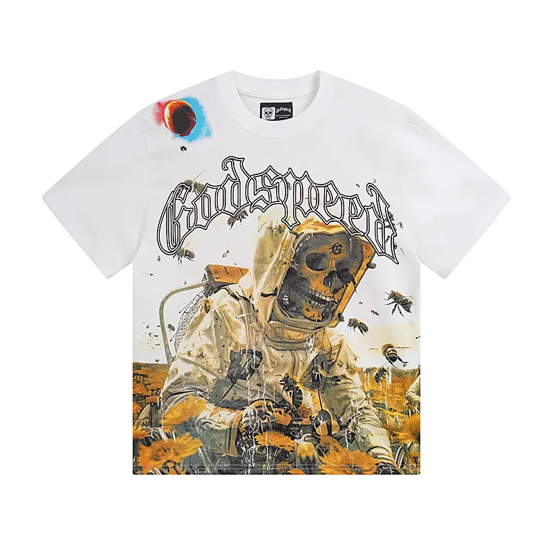 3063# P110 Real shot Godspeed American fashion rock street retro loose printed cotton short sleeves Fabric: 240g 32 count fine cotton double yarn pure cotton Color: off-white Size: S M L XL