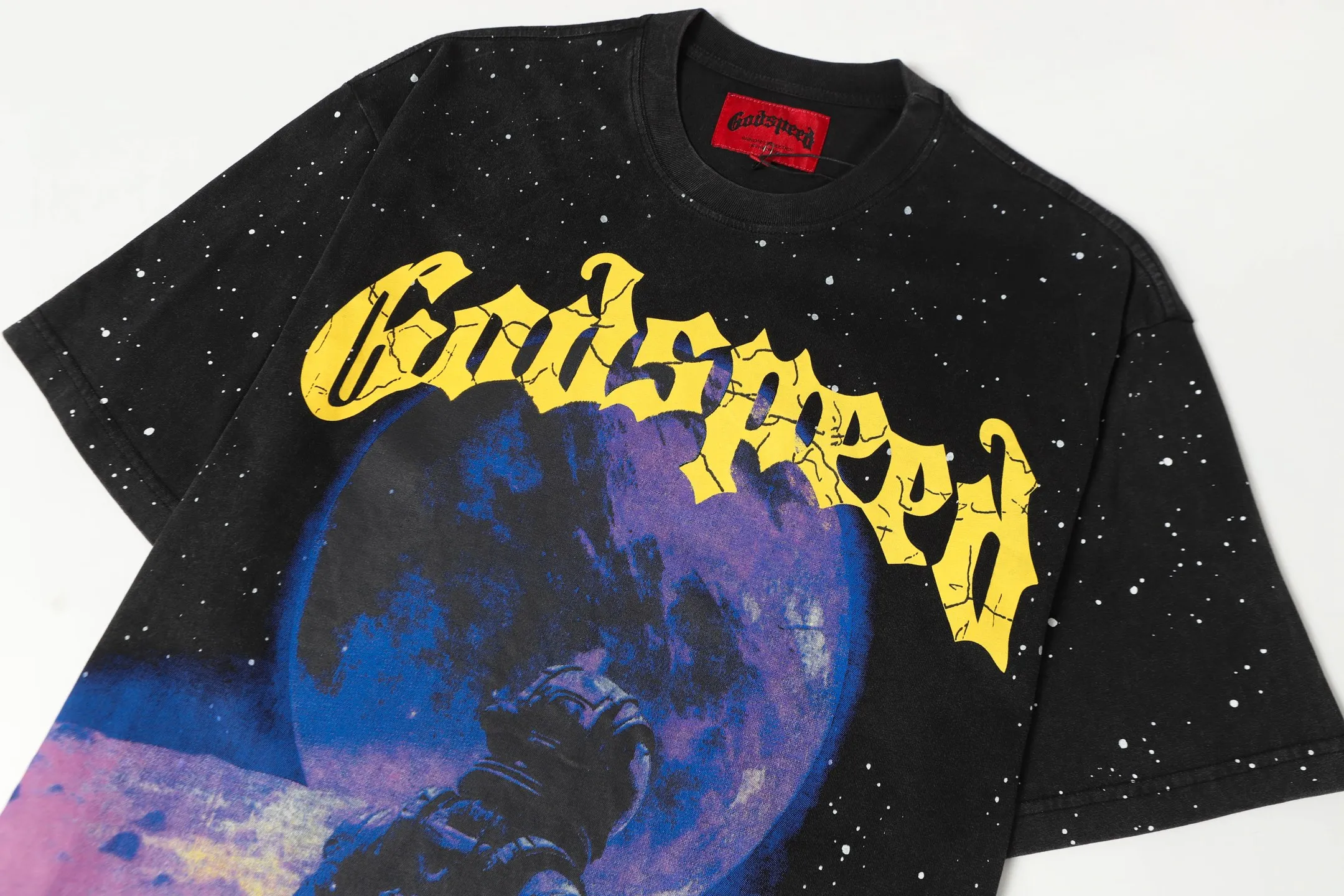 6062#washed black｜P116 Godspeed cross-border American rock and roll street washed retro style short-sleeved T (craft printing) fabric (fabric): 32 count combed double yarn 250g weight code number (size): S-M-L-XL color (colour): washed black 👉