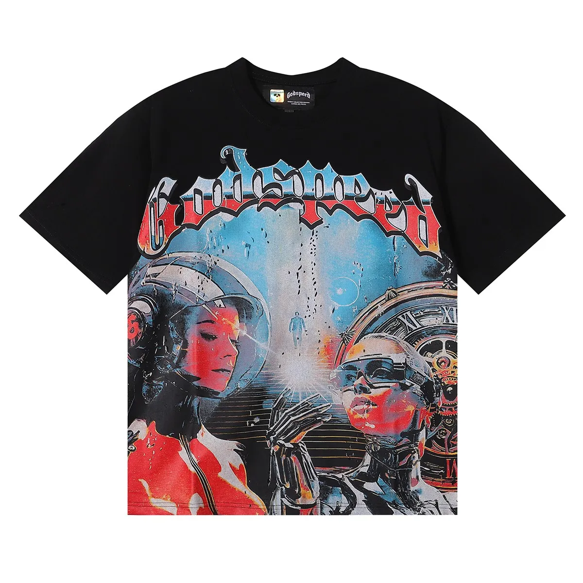 No. 7031, Mechao Godspeed astronaut robot printed high-quality double yarn pure cotton casual short-sleeved T-shirt for men and women 29 batch 110 Color: black, white, apricot; Size: S M L XL